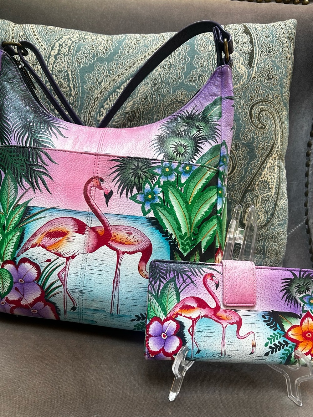 Anuschka ‘Anna’ NWOT Hand painted Flamingo Leather Bag w/Matching Wallet COMBO